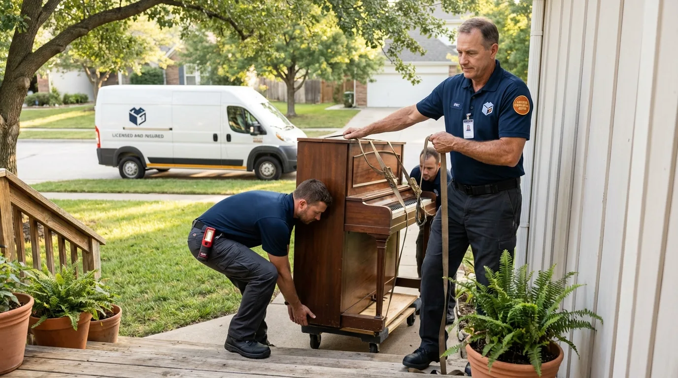 Licensed piano movers securing grand piano in DeBary, FL