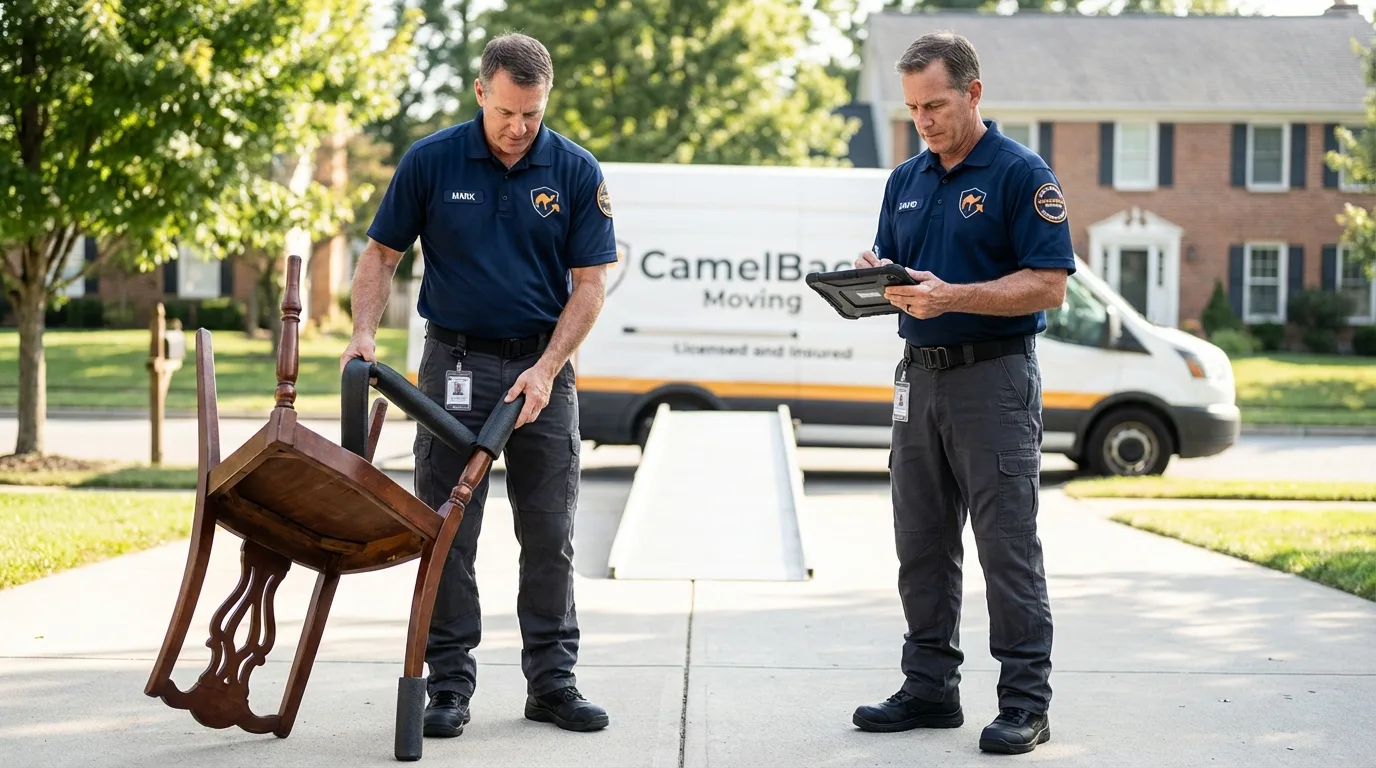Movers inspecting furniture for damage prevention before loading in DeBary, FL