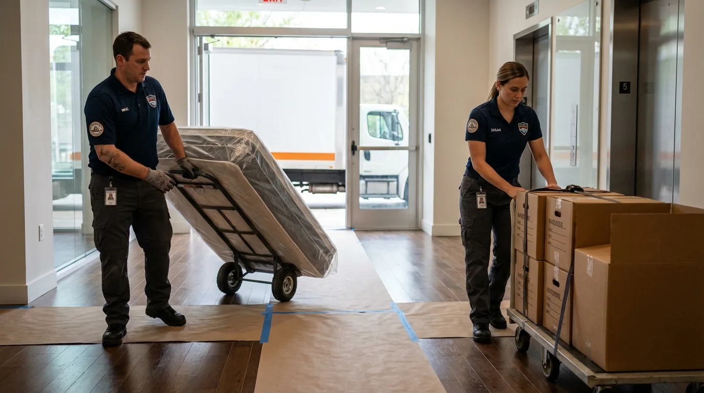 Professional apartment movers loading elevator in DeBary, FL